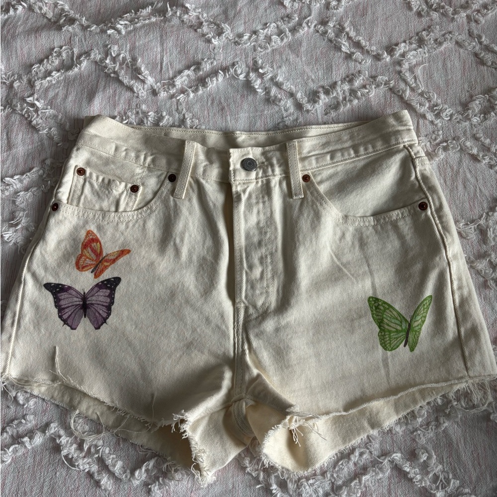 Levi's Cream Jean Shorts with Butterfly Design